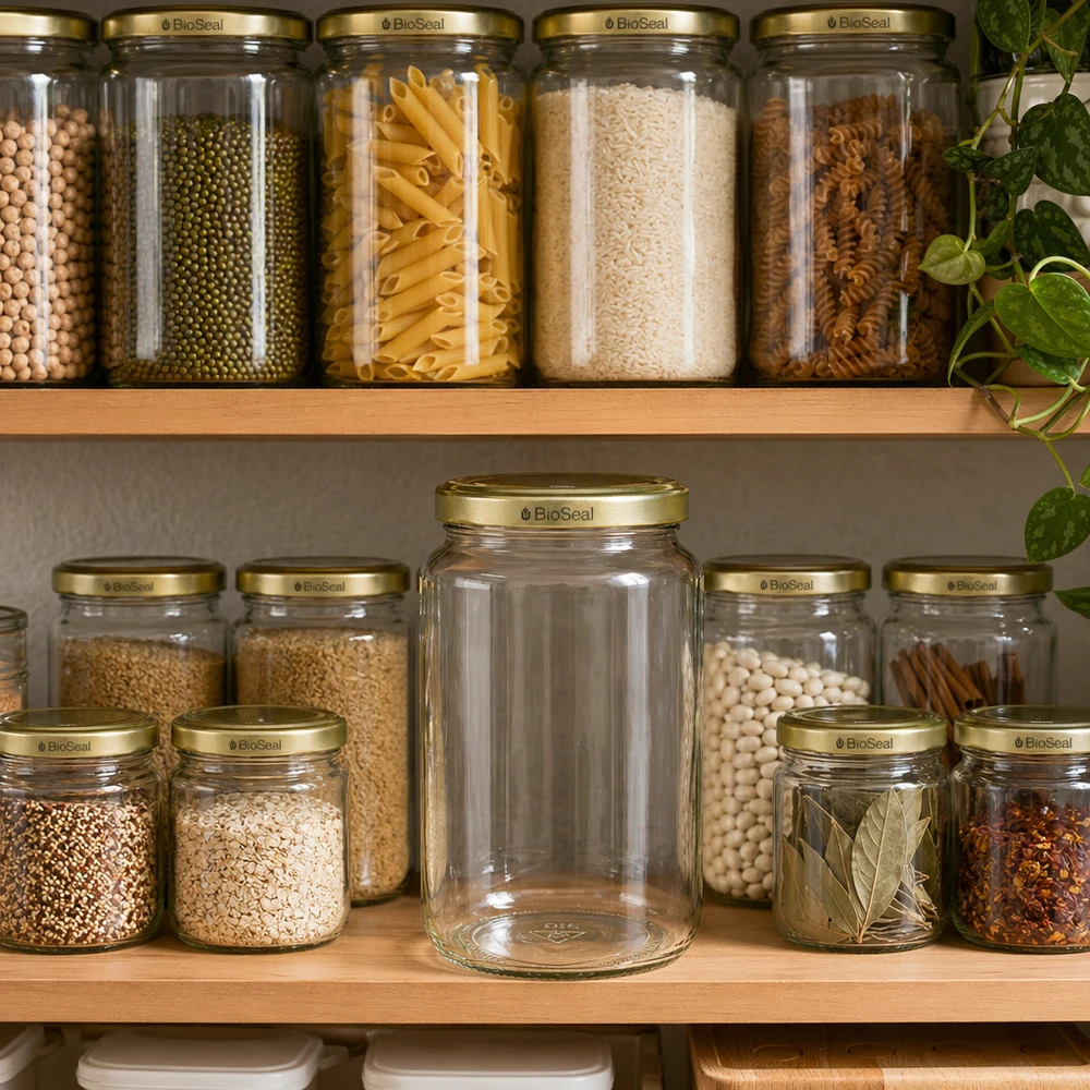 1000g Honigglas mit goldenem Deckel BioSeal UNiTWIST 1000g BioSeal Honigglas in organisierter Vorratsküche mit Nudeln Reis und Gewürzen zeigt perfekte Küchenaufbewahrung