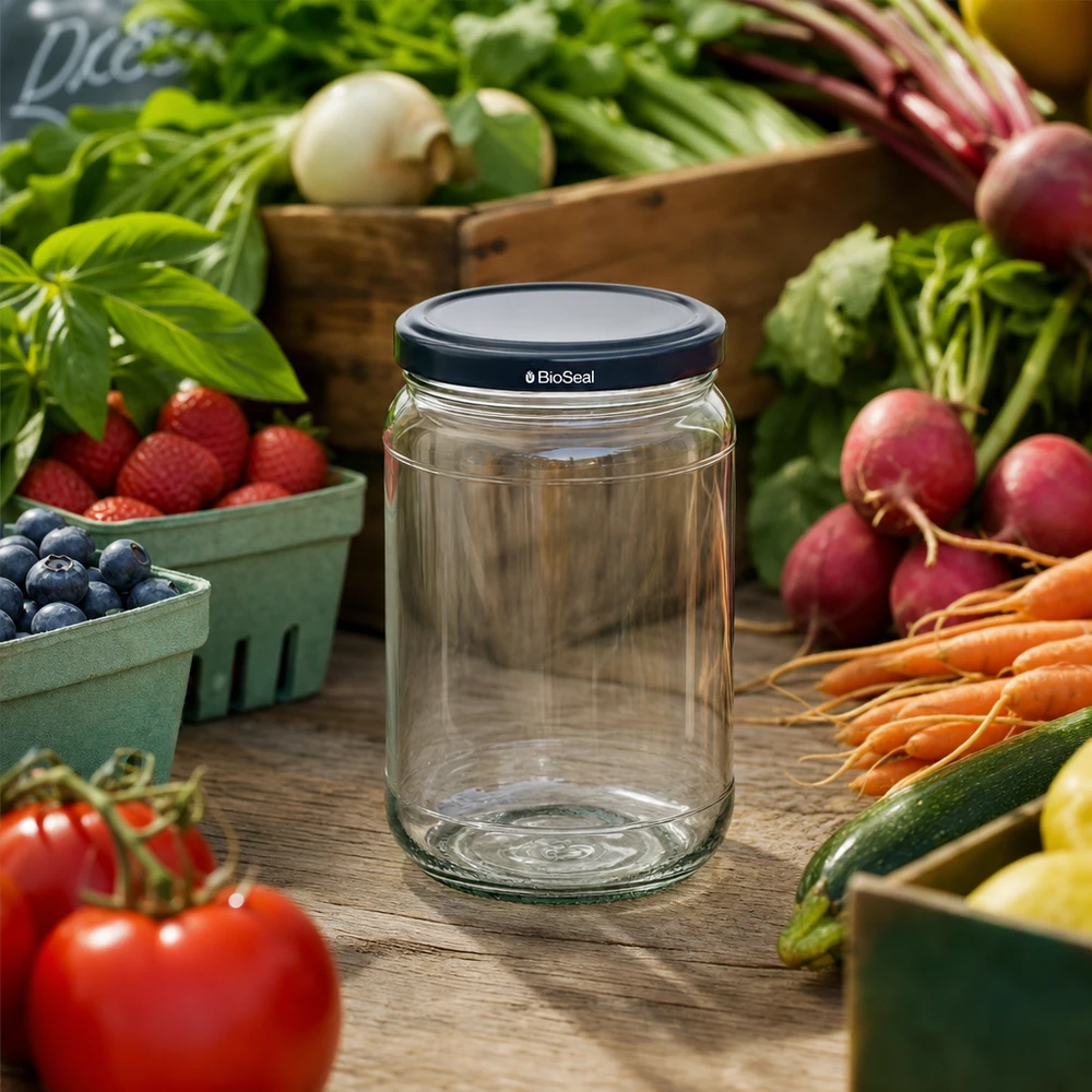 305ml Rundglas + BioSeal Deckel schwarz UNiTWIST UNiTWIST Runda305 Vorratsglas mit schwarzem BioSeal Deckel inmitten frischem Marktgemüse und Obst auf Holztisch