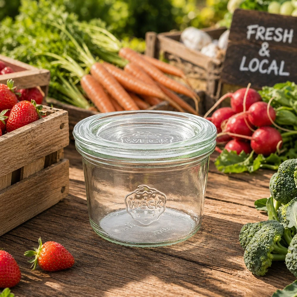 80ml Sturzglas mit Glasdeckel WECK RR60 WECK Sturzglas 80ml RR60 umgeben von frischem Gemüse Obst auf Holztisch Farmers Market Fresh Local Schild