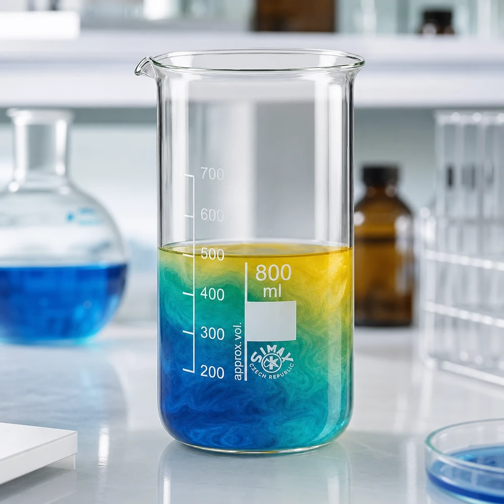 Transparentes Laborbecherglas 800ml hohe Form mit sichtbarer Farbreaktion blau grün gelb