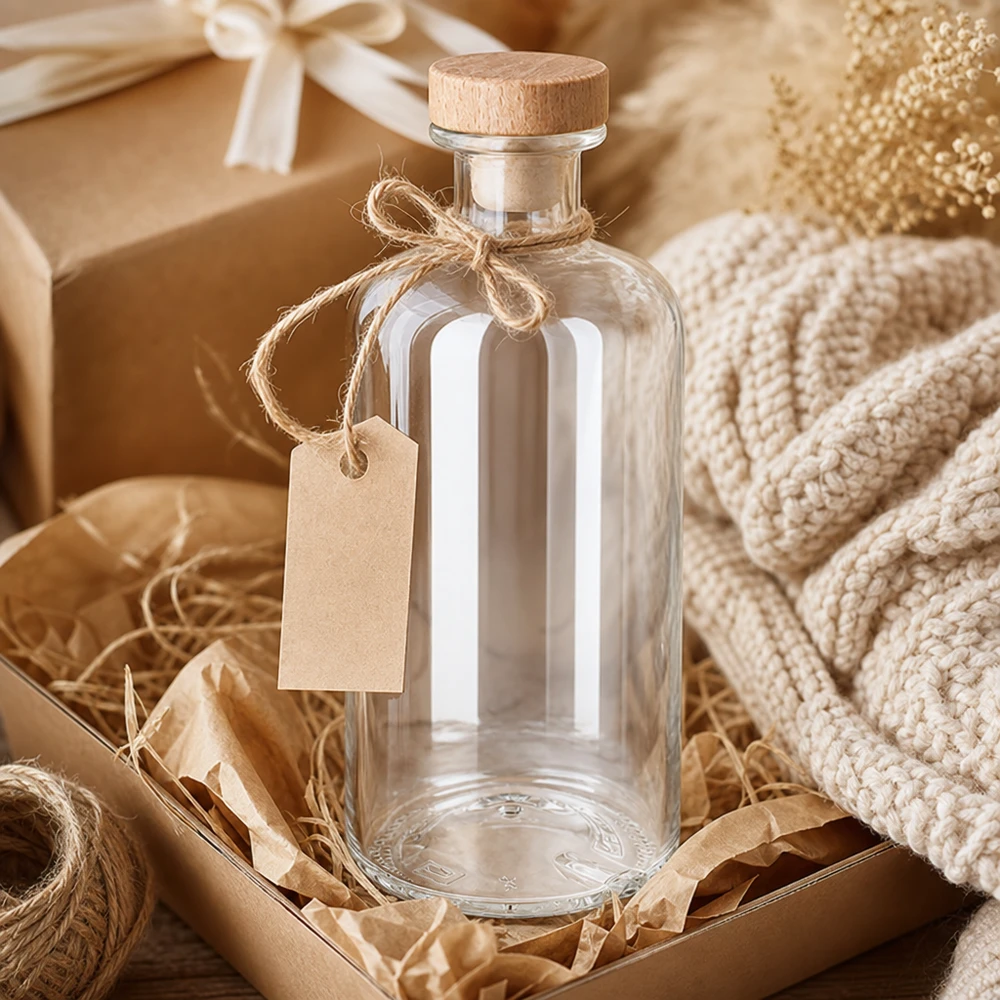 500ml Glasflasche "Flora" mit Holzgriff-Korken UNiTWIST 500ml Glasflasche Flora mit Holzkorken und Geschenkanhänger in rustikaler Geschenkverpackung mit Juteschnur