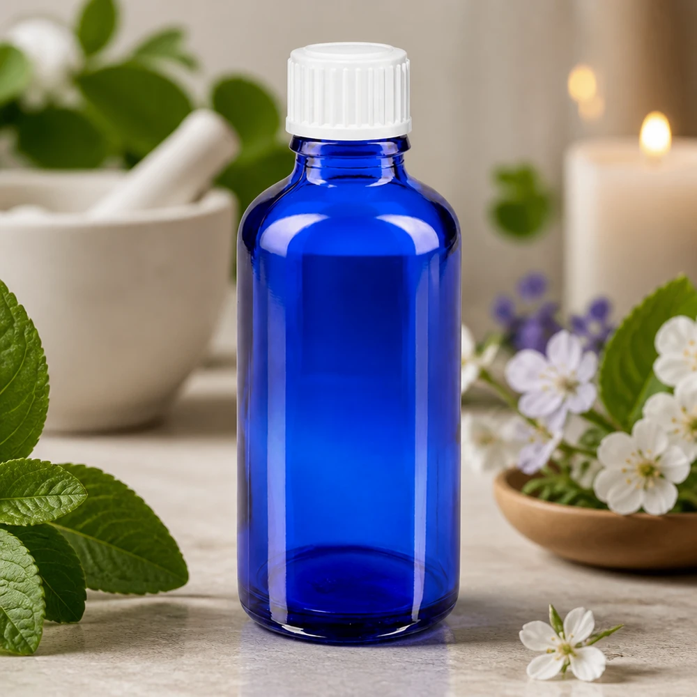 Apothekenflasche blau 50ml Schraubverschluss weiß Standard Dunkelblaue Medizinflasche aus Glas 50ml mit auslaufsicherem weißem Schraubverschluss 11mm