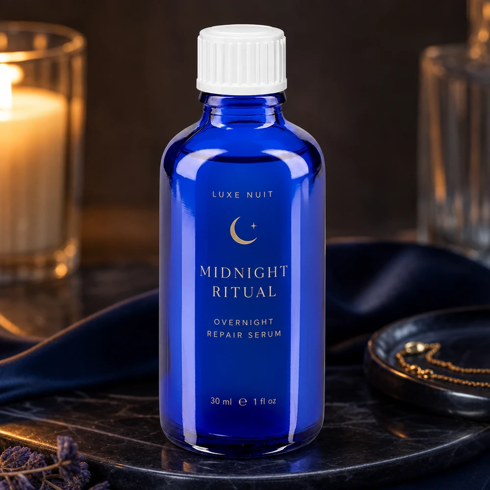 Apothekenflasche blau 50ml Schraubverschluss weiß Standard Royalblaue Apothekerflasche aus Glas mit mattem Etikett perfekt für Premium Kosmetikprodukte