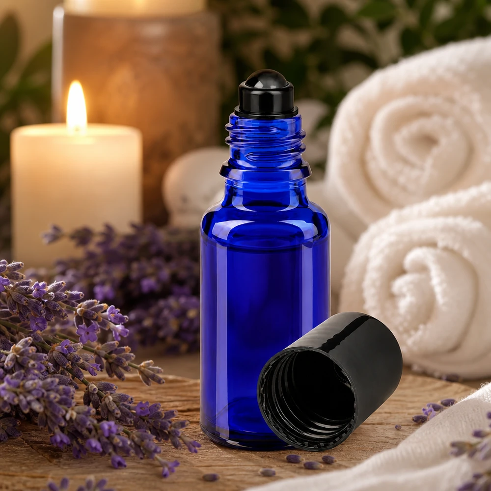 Kompakte 20ml Roll-On Applikatorflasche in Blau mit schwarzem Schraubdeckel geöffnet