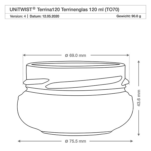 120ml Terrinenglas ohne Deckel (TO70) UNiTWIST UNiTWIST Terrina120 Terrinenglas 120ml TO70 mit technischer Zeichnung und Maßangaben 69mm Durchmesser 43,6mm Höhe