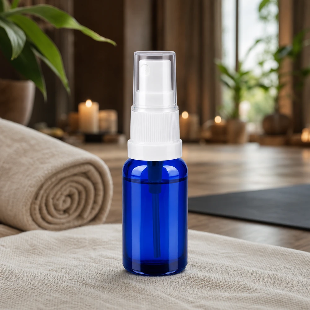 Praktische 20ml BlueLine Glasflasche mit wiederverwendbarem Sprühsystem für unterwegs