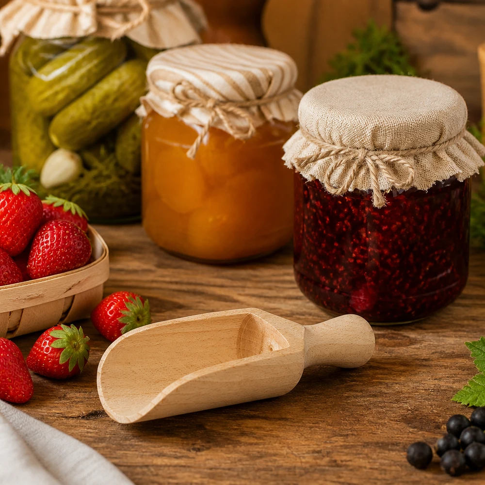 Holzschaufel M 14cm halbrund in rustikaler Küche mit Einmachgläsern Marmelade und frischen Erdbeeren dekoriert