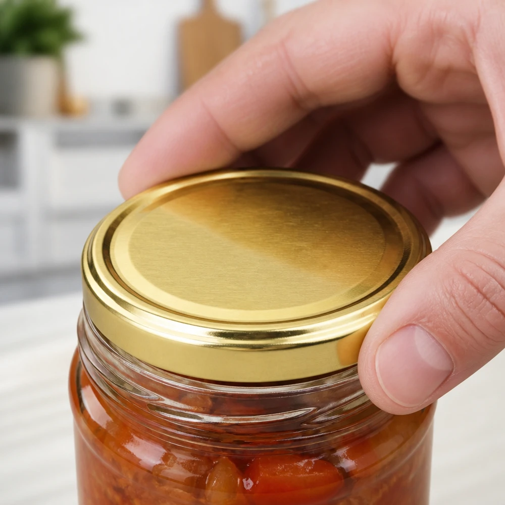 70mm Twist-Off Deckel BasicSeal gold UNiTWIST wird auf Glas mit rotem Inhalt geschraubt