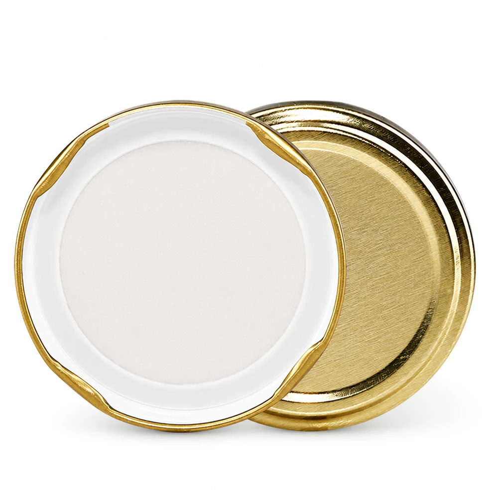 UNiTWIST TO66 gold, BioSeal, BPA-NI, unitemp Zwei goldene TO66 UNiTWIST Twist-Off-Deckel gestapelt BioSeal BPA-NI unitemp Einwecken