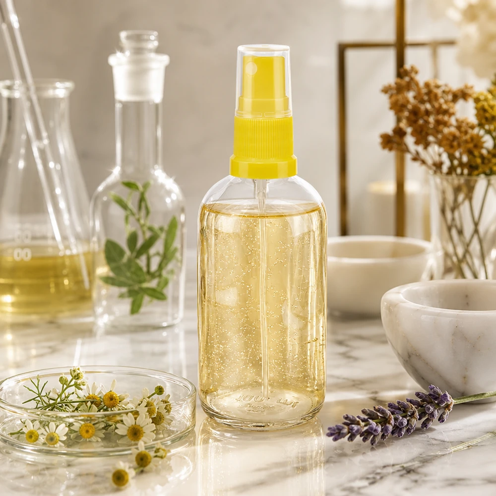 100ml Rundflasche transparenter Behälter gelber Sprühkopf Naturkosmetik Kräuteranwendung