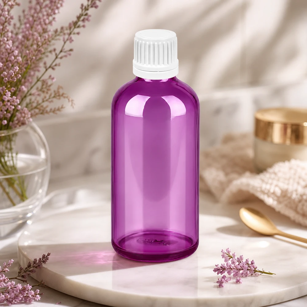 100ml Glasflasche lila transparent ideal für Heilpraktiker und alternative Medizin Anwendungen
