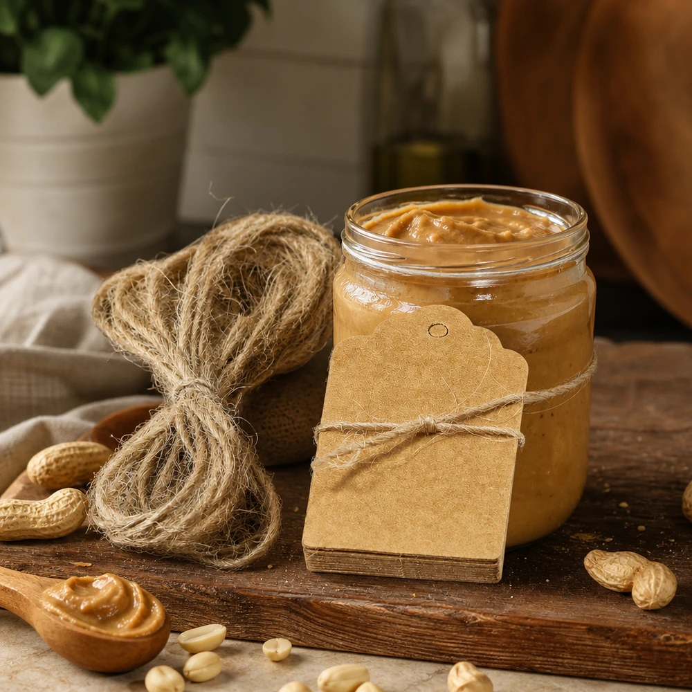 Anhänger 30x50mm mit Kordel (Pack(s) mit 10 Stück) Kraftpapier Anhänger mit Hanfkordel dekorativ arrangiert neben Erdnussbutter und Nüssen auf Holztisch