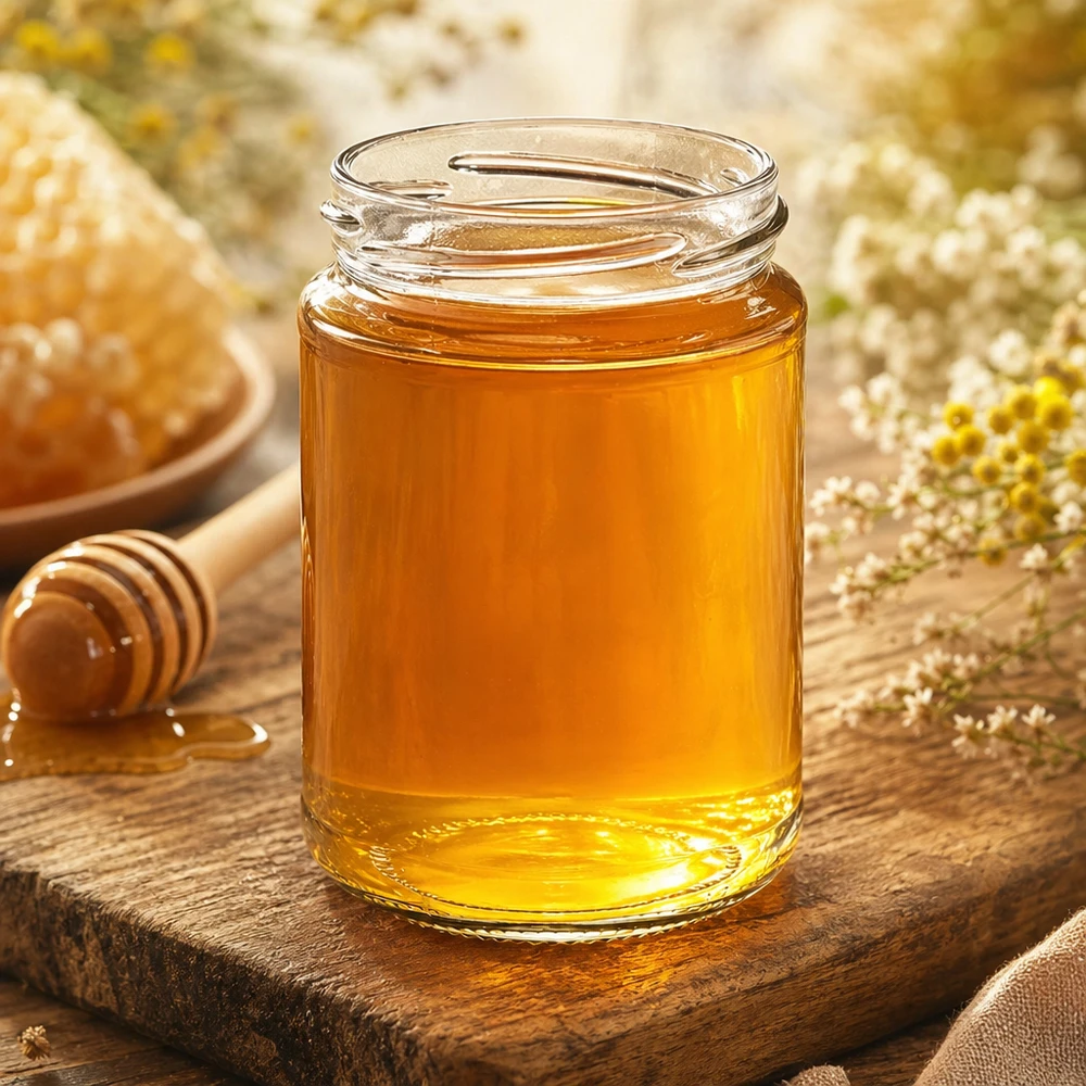 390ml Rundglas ohne Deckel (TO70) UNiTWIST UNiTWIST Runda390 Rundglas 390ml TO70 mit goldgelbem Honig gefüllt auf Holzbrett neben Bienenwaben und Honiglöffel