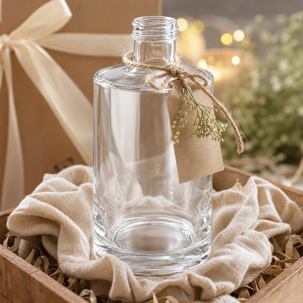 375ml Glasflasche "Sam" ohne Schraubverschluss UNiTWIST 375ml Glasflasche Sam leer in Geschenkbox mit Schleife und Anhänger als Geschenkset dekorativ präsentiert