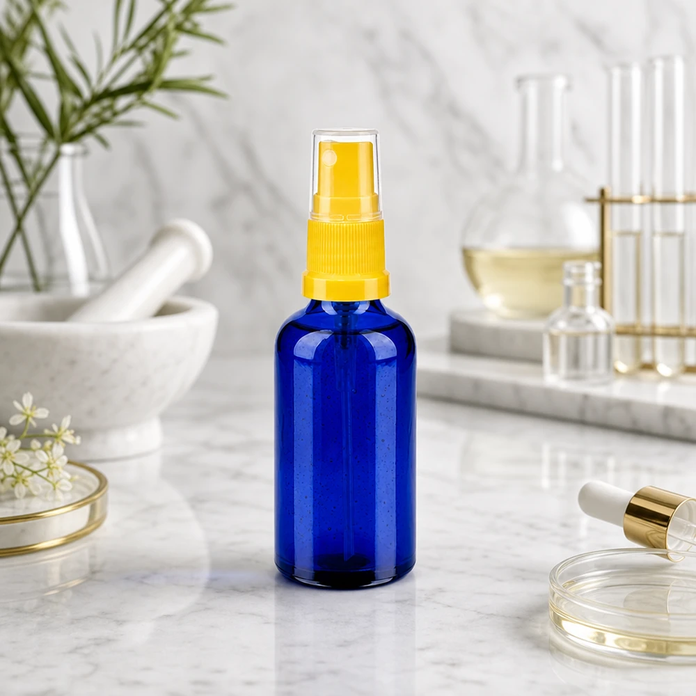 Elegante 50ml Cobalt-Glasflasche mit goldgelbem Akzent perfekt für hochwertige Beauty-Produkte