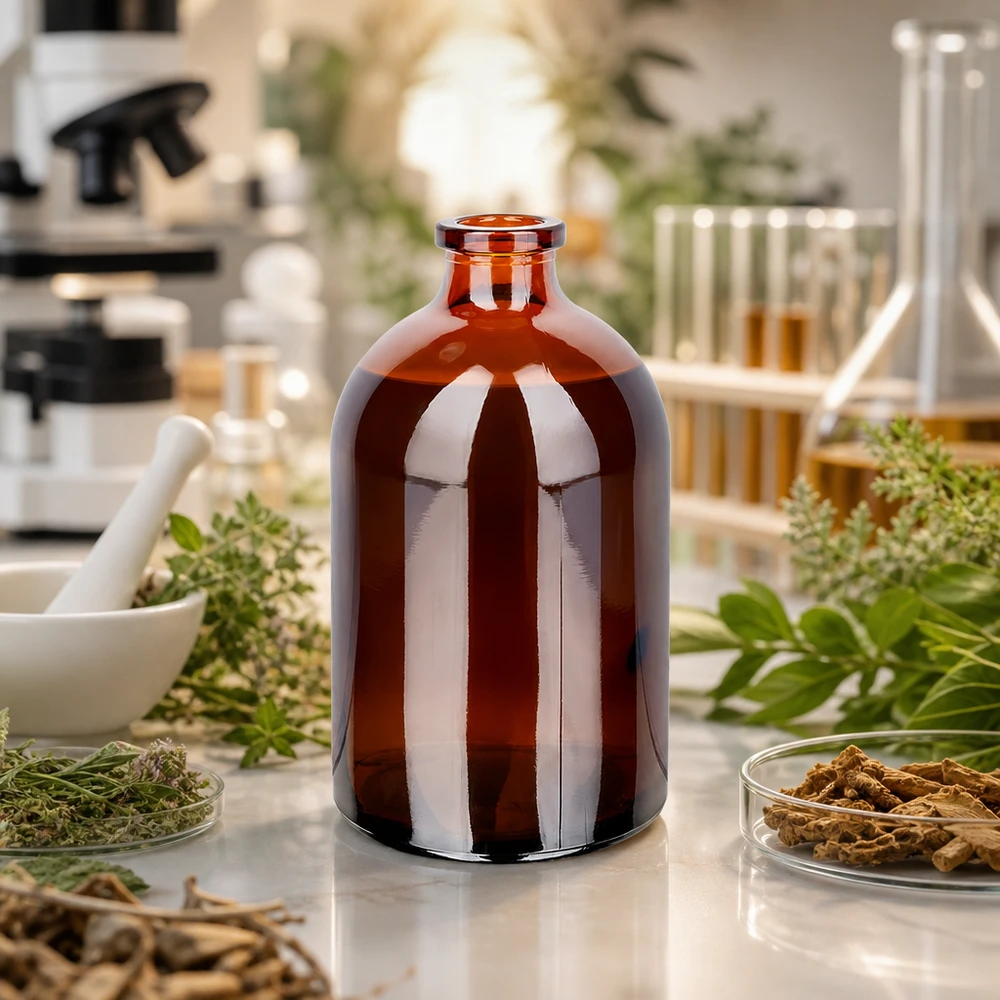 Injektionsflasche Braunglas 100ml mit schmalem Rollrandhals umgeben von botanischen Laborproben