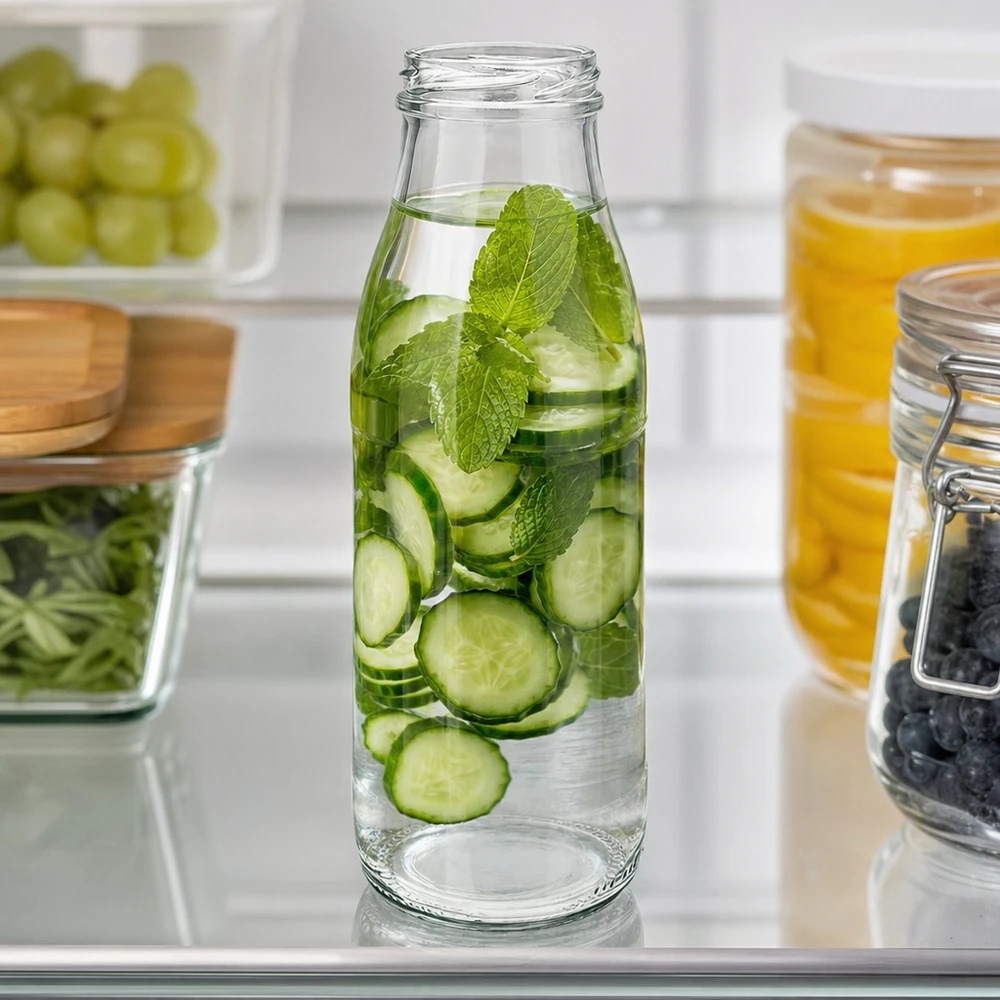 500ml Glasflasche ohne Deckel (TO48) UNiTWIST 500ml Glasflasche TO48 UNiTWIST mit Gurkenscheiben und Minze als Infused Water im modernen Kühlschrank