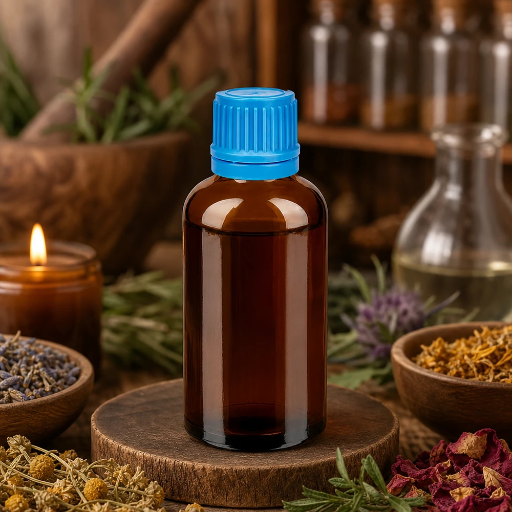 50ml Glasflasche mit UV-Schutz und blauem Verschluss für professionelle Anwendung in der Apotheke