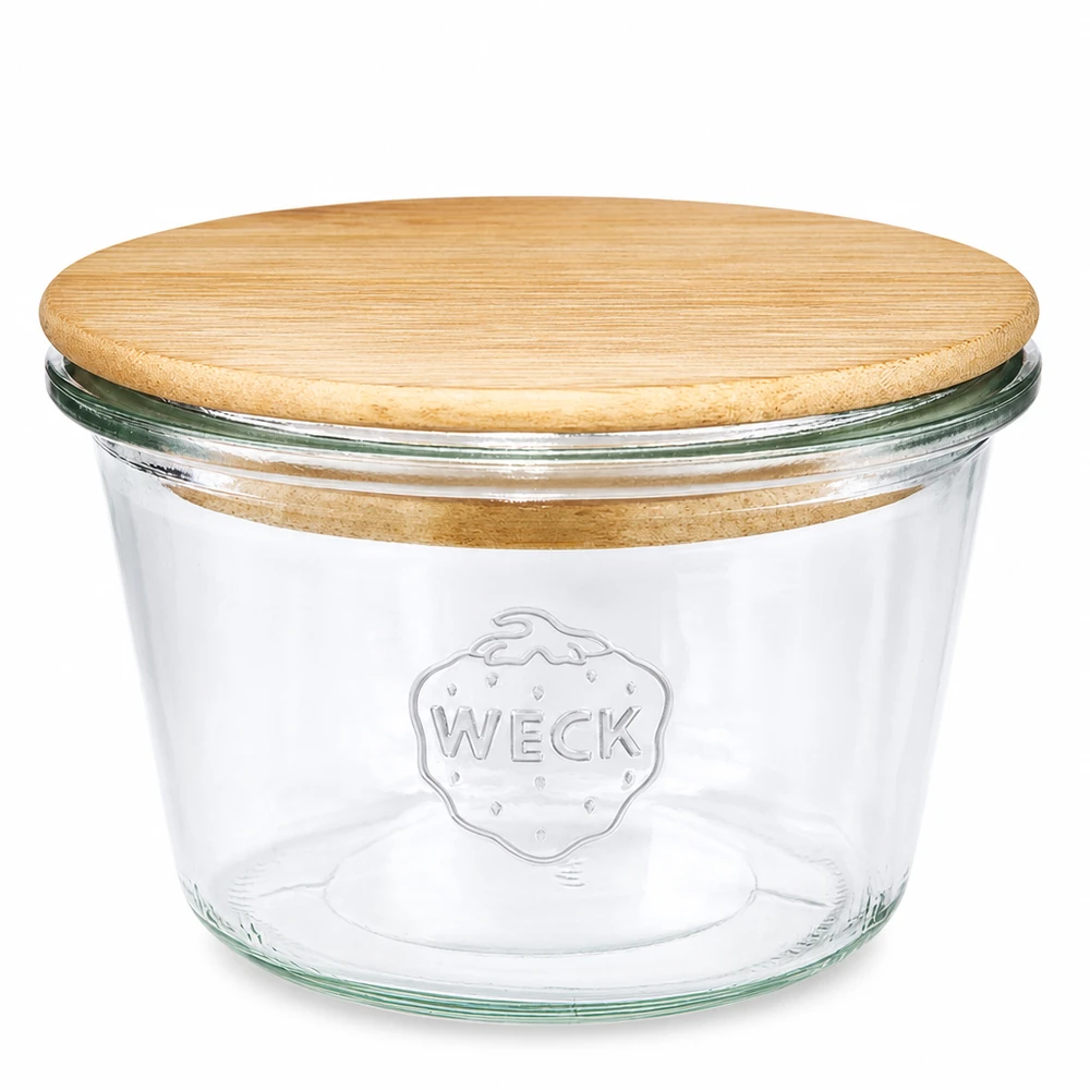 370ml WECK RR100 Sturzglas mit Holzdeckel - rundes Einmachglas aus Glas mit Bambusdeckel für Küche