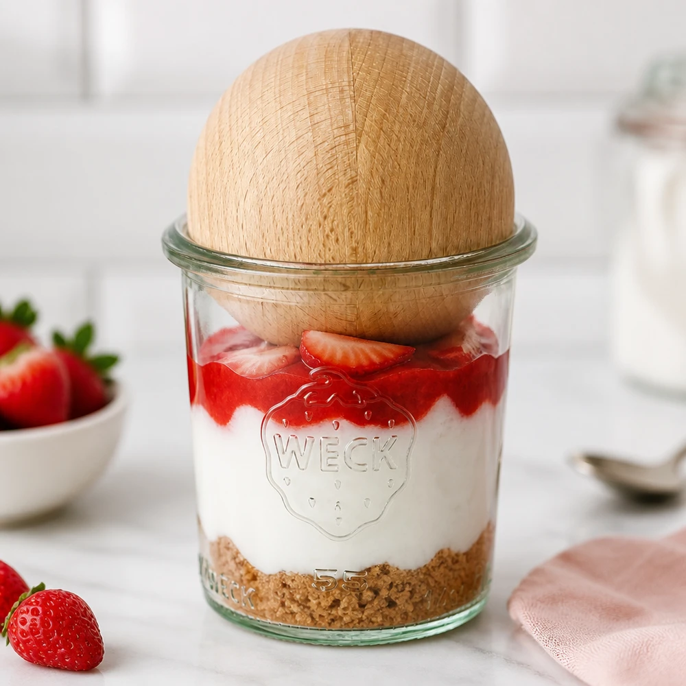 WECK Sturzglas 140ml RR60 als Dessertglas mit Erdbeeren und Sahne, Holzkugel aus Buche als stilvoller Deckel