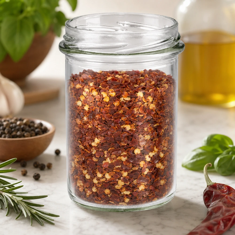 230ml Sturzglas ohne Deckel (TO66) UNiTWIST UNiTWIST Sturz230 Sturzglas 230ml TO66 mit Chili-Gewürzmischung gefüllt auf Küchentisch mit Kräutern