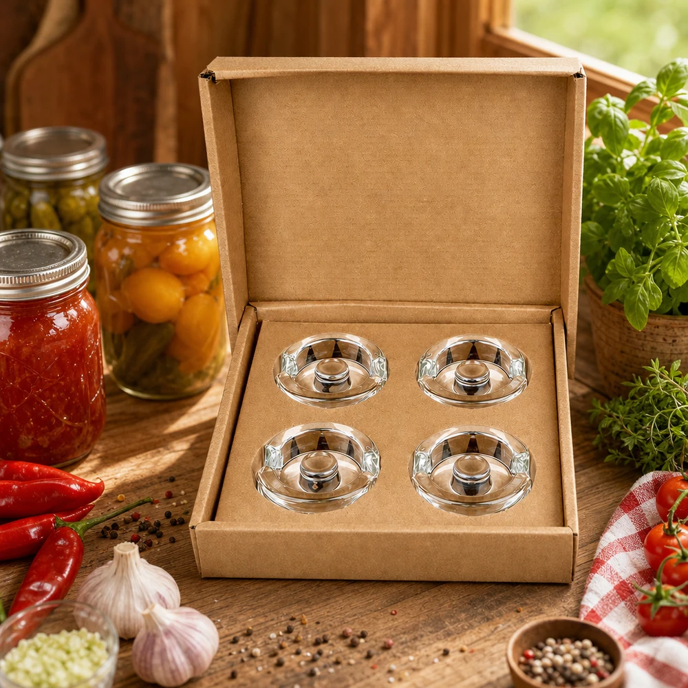 Fermentier-Glasgewichte mit Griff 4er Set UNiTWIST Fermentier-Glasgewichte UNiTWIST 4er Set in Geschenkbox umgeben von frischen Kräutern Tomaten und Einmachgläsern