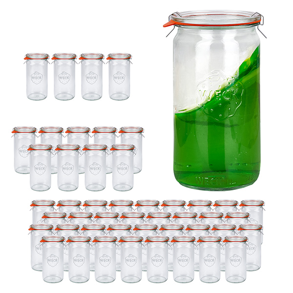 48er Set Weck Gläser 340ml Zylindergläser mit 48 Glasdeckeln 48er Set Weck Gläser 340ml Zylindergläser mit 48 Glasdeckeln
