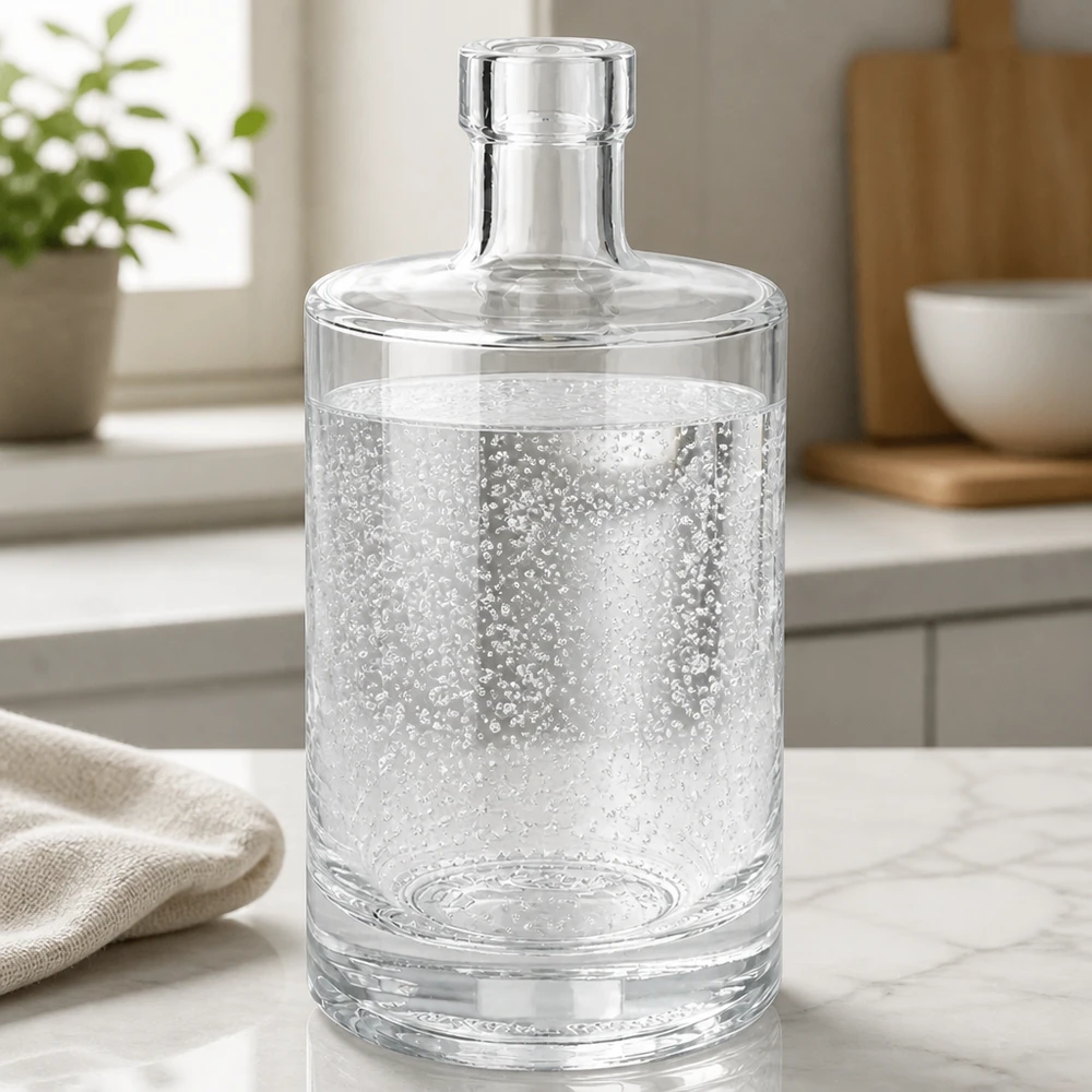 500ml Glasflasche "Galileo" ohne Verschluss UNiTWIST® 500ml Glasflasche Marie mit sprudelndem Mineralwasser gefüllt auf Marmor-Arbeitsplatte in moderner Küche