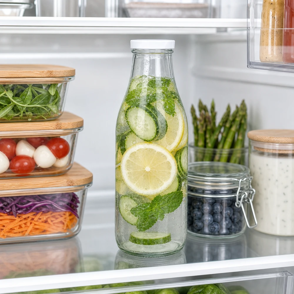 1000ml Glasflasche im Kühlschrank mit Gurkenwasser Zitrone Minze BasicSeal Deckel weiß Meal Prep Infused Water