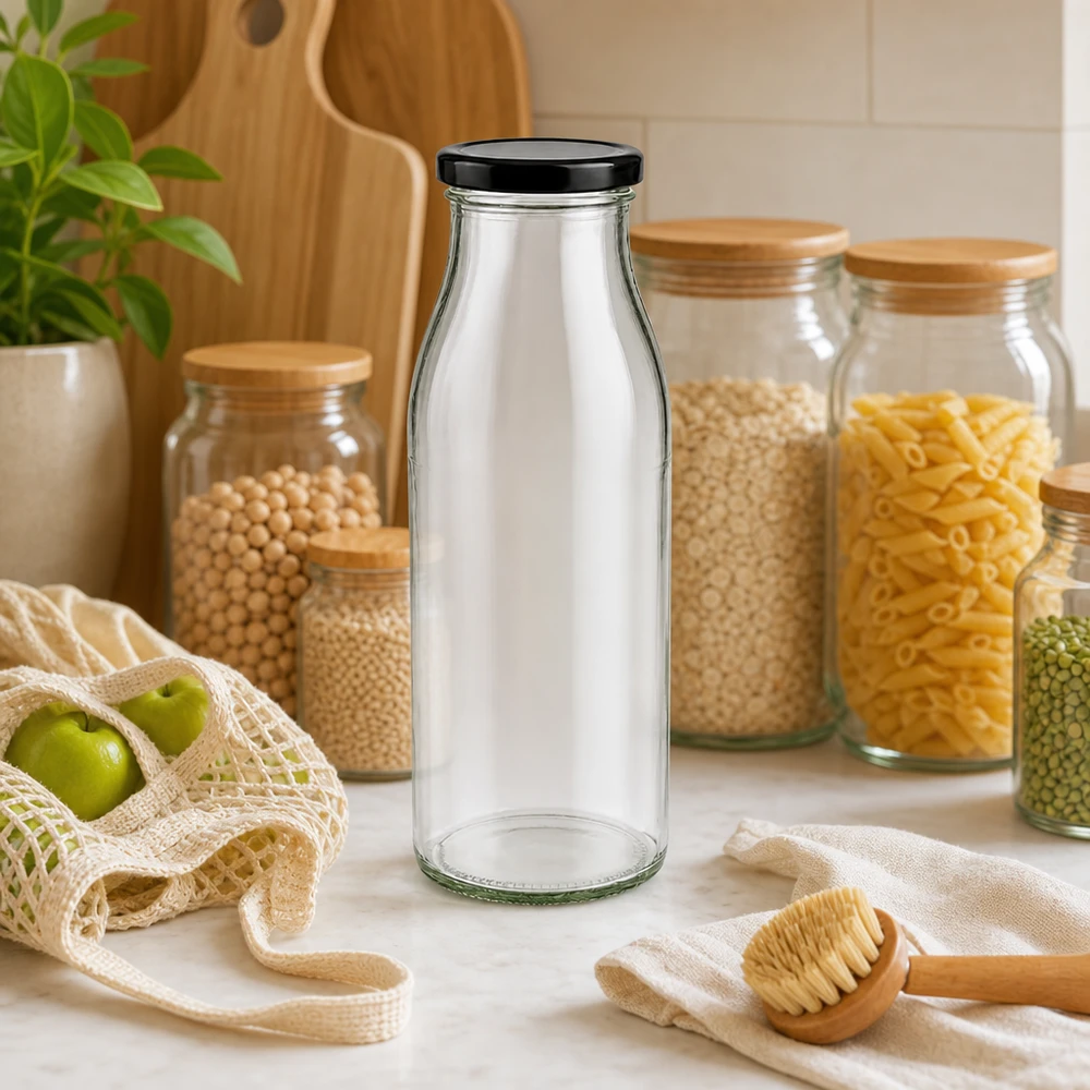 500ml Glasflasche mit schwarzem Deckel in Zero-Waste Küche mit Vorratsgläsern und nachhaltigen Materialien
