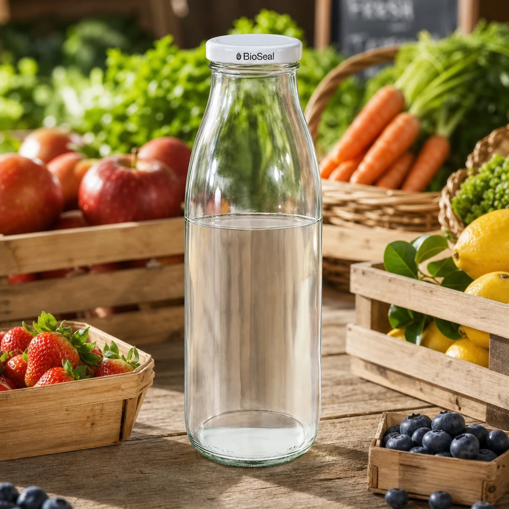 500ml Glasflasche + BioSeal Deckel weiß UNiTWIST 500ml Glasflasche mit BioSeal Deckel auf Marktstand zwischen frischem Obst und Gemüse, ideal für Säfte und Smoothies