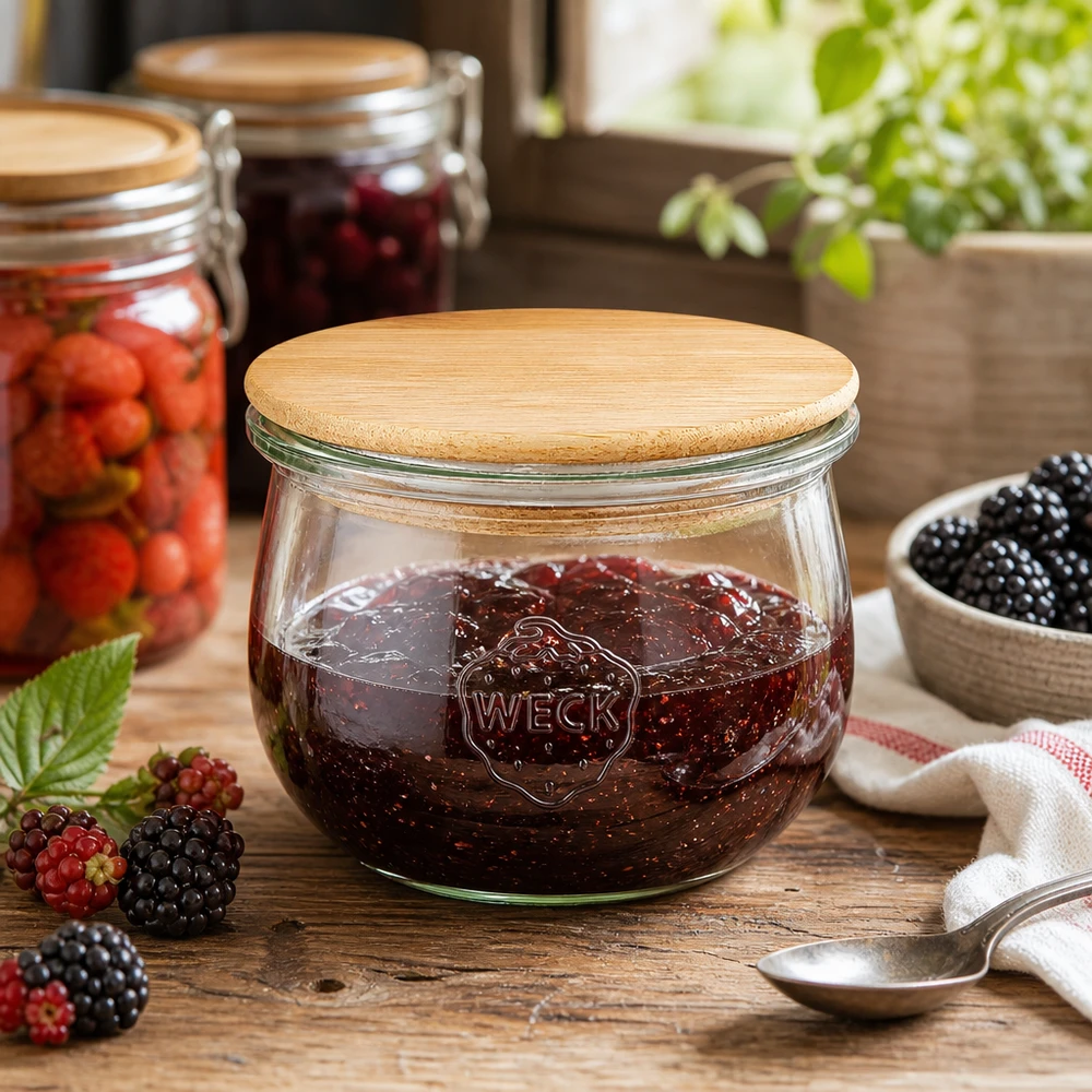 WECK Tulpenglas RR100 580ml gefüllt mit Beerenkonfitüre in rustikaler Küche mit frischen Beeren und Kochlöffel