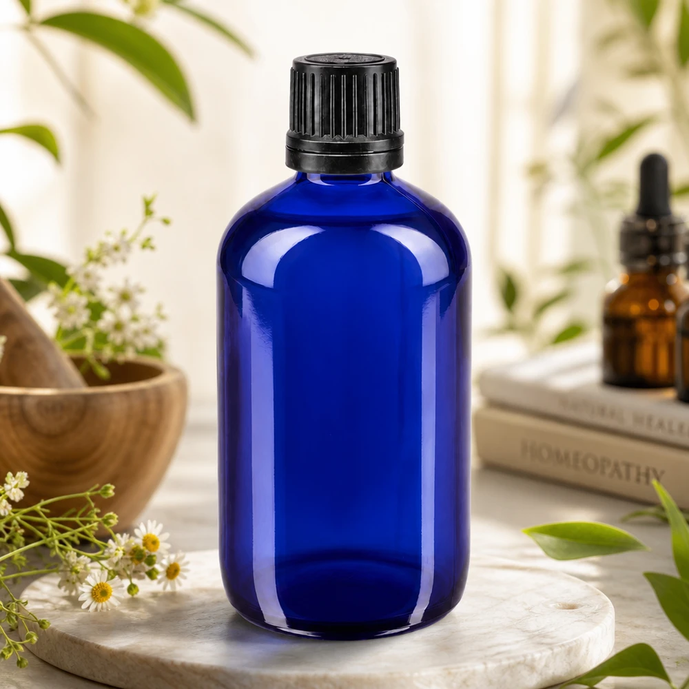 UV-schützende kobaltblaue 100ml Flasche aus Apothekenglas mit 8mm Enghalsverschluss