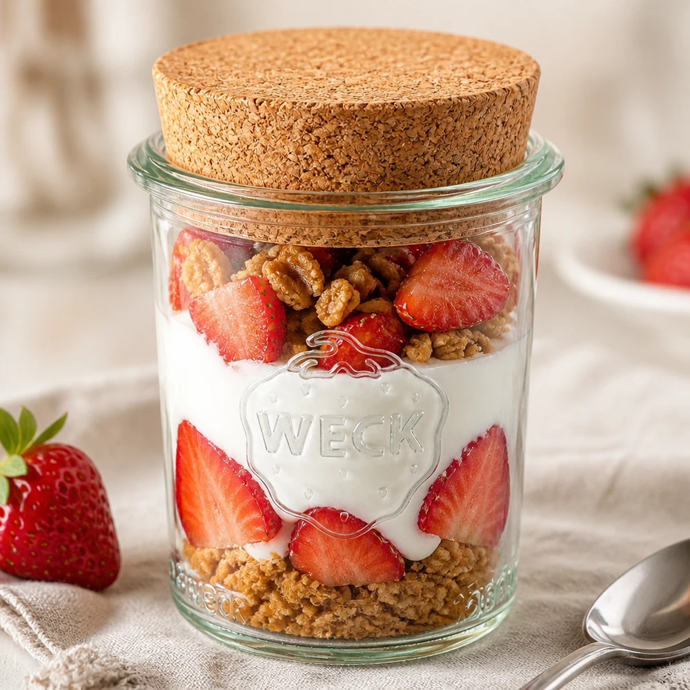 WECK Sturzglas 160ml RR60 gefüllt mit Joghurt Erdbeeren und Nüssen als Dessert im Glas mit Korkdeckel