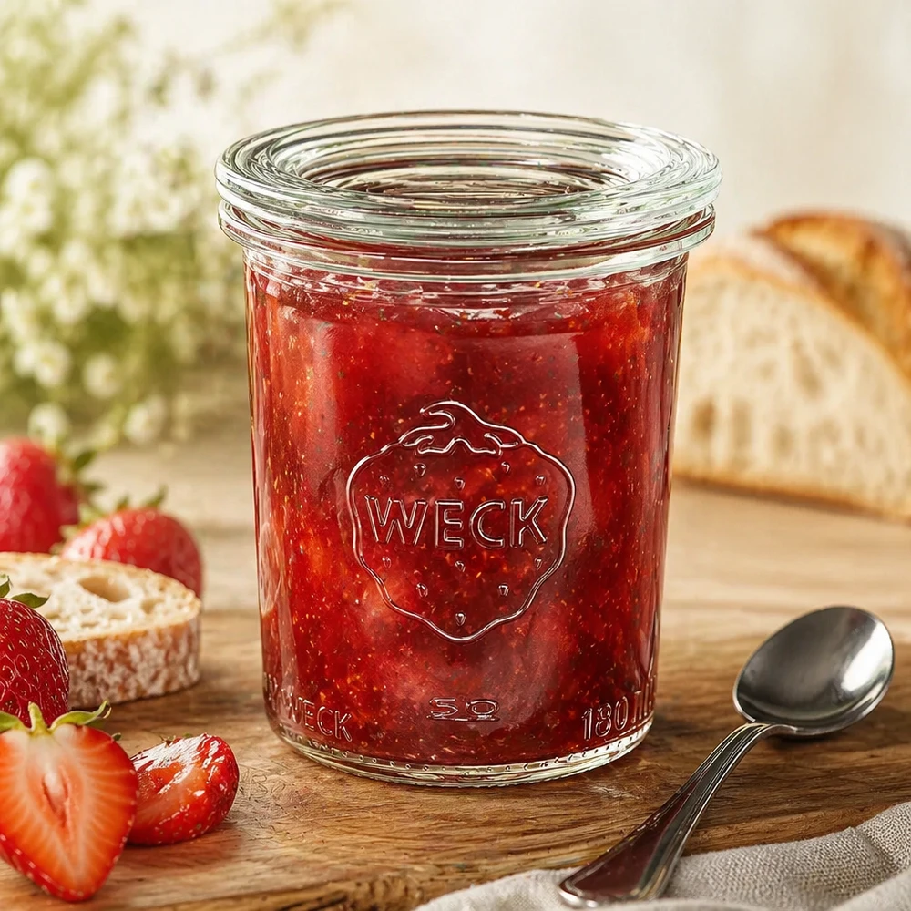 160ml Sturzglas mit Glasdeckel WECK RR60 WECK Sturzglas RR60 160ml mit roter Erdbeermarmelade und Löffel, dekorativ arrangiert mit Brot und Erdbeeren