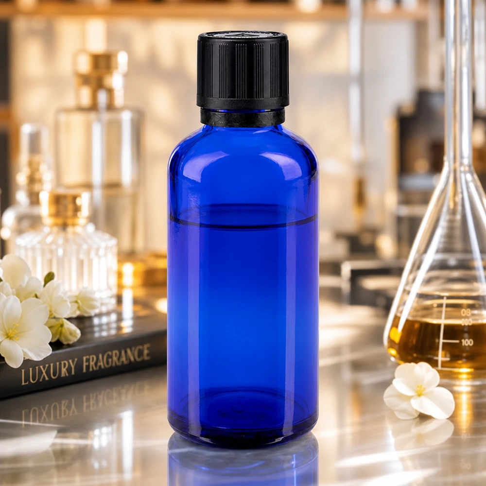 Apothekenflasche blau 50ml Tropfer Giessring 1mm schwarz Kindersicherung Blindenwarnsymbol Originalitätsverschluss Blaue 50ml Apotheker-Tropfflasche mit OV-Schraubverschluss auf Marmorfläche mit Jasminblüten