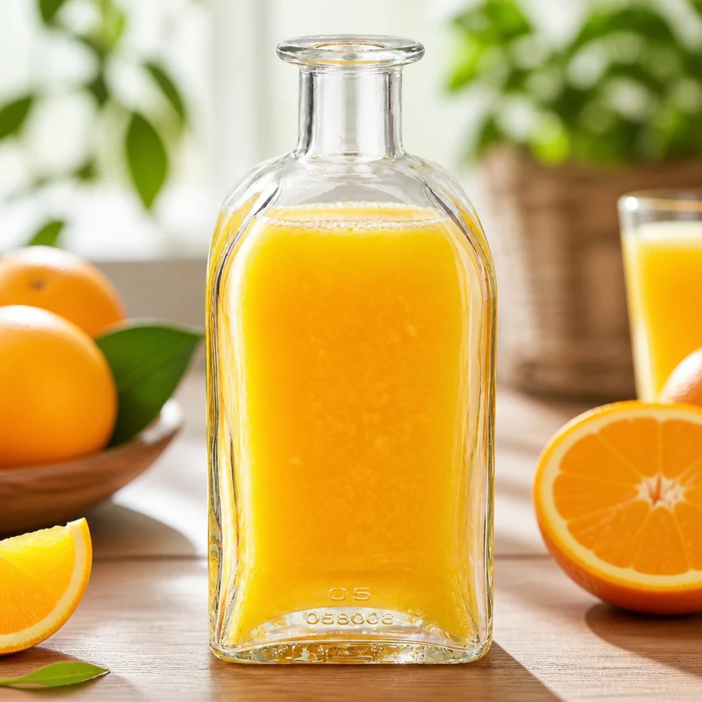 500ml Glasflasche Julia mit Orangensaft befüllt umgeben von frischen Orangen und Orangenscheiben auf Holztisch