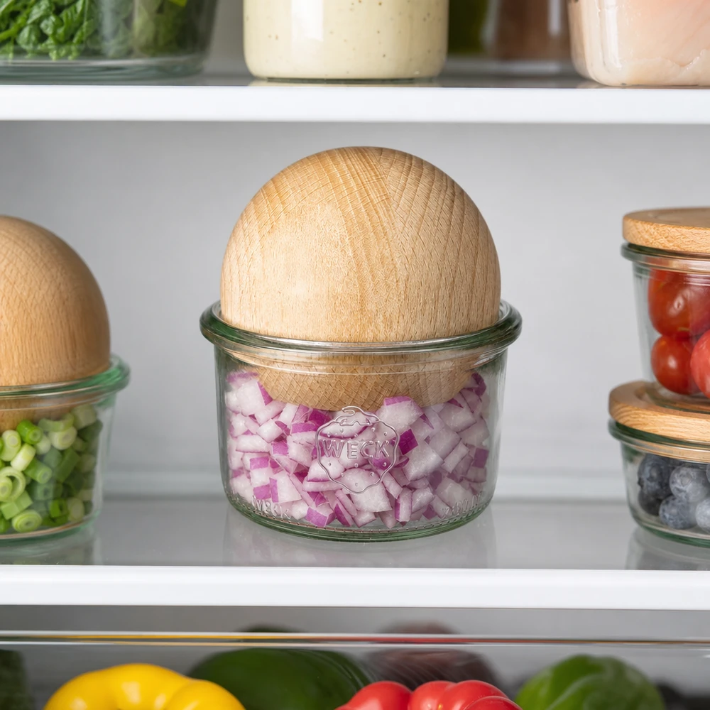 200ml Sturzglas WECK RR80 mit Holzkugel Buche WECK Sturzglas 200ml RR80 mit Holzkugel Buche im Kühlschrank zur frischen Aufbewahrung von gehackten Zwiebeln