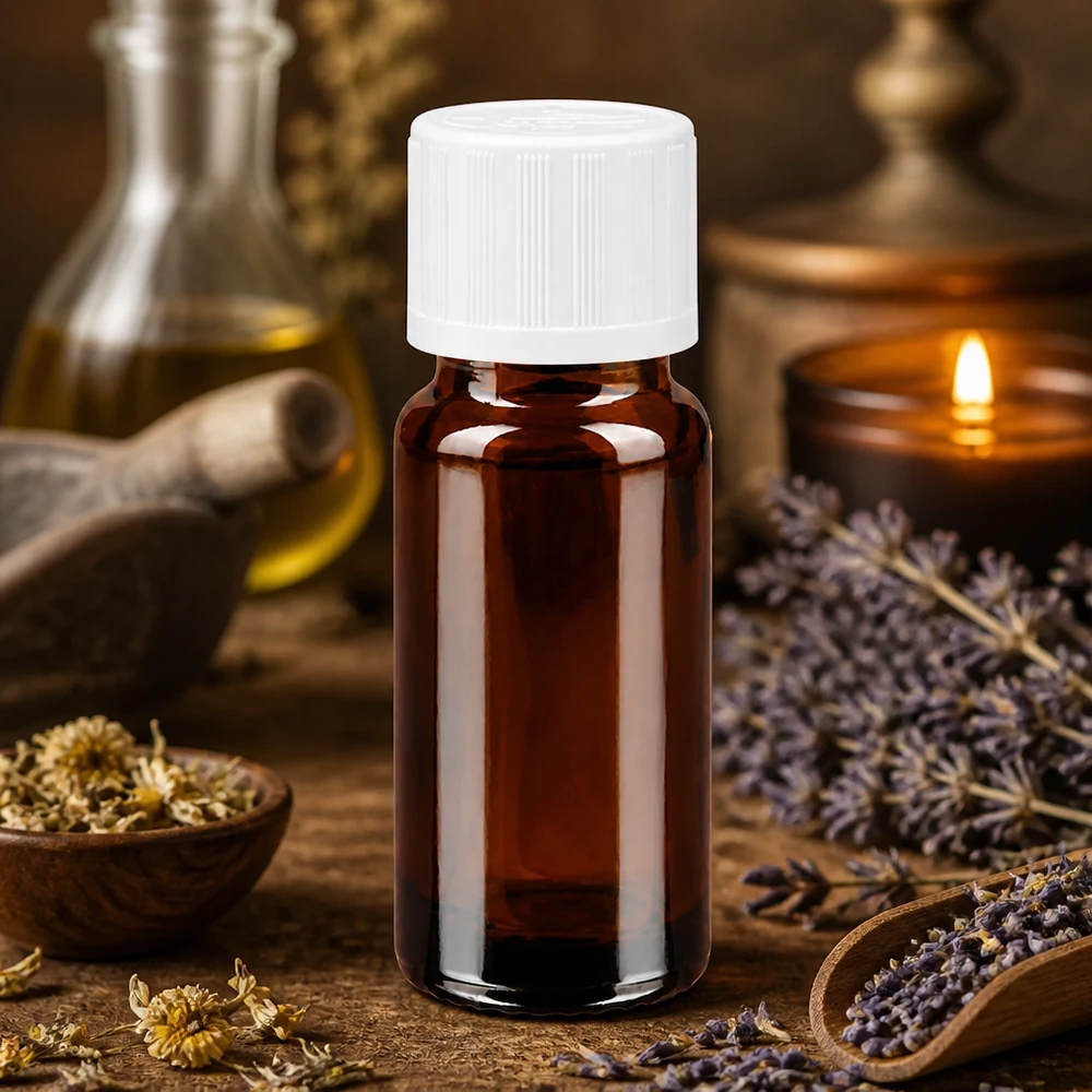 10ml Flasche aus braunem Apothekerglas mit weißem KiSi-Verschluss und Aromaöl Zubehör