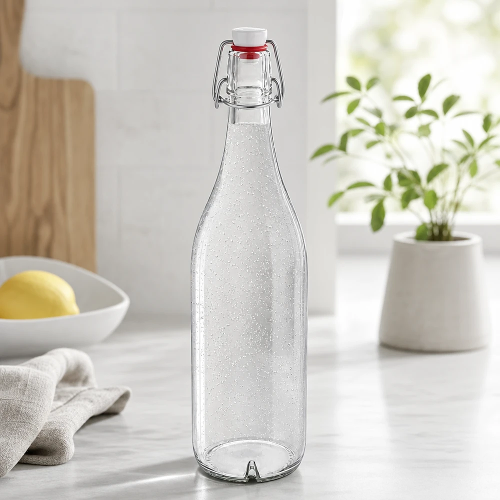 1000ml Glasflasche und Bügelverschluss PVC UNiTWIST 1000ml Glasflasche mit Bügelverschluss PVC UNiTWIST gefüllt mit Sprudelwasser in moderner Küche Lifestyle