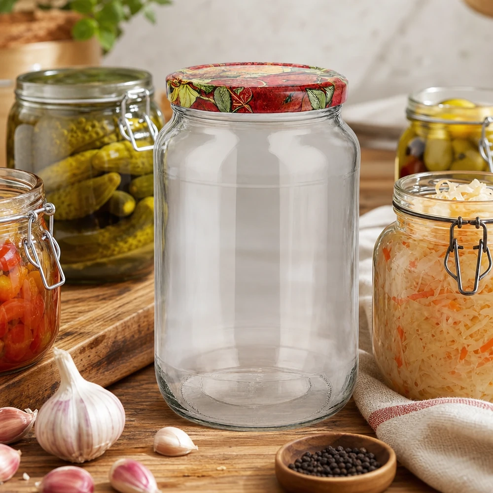 1062ml Rundglas + BasicSeal Deckel Obst-Dekor UNiTWIST 1062ml Rundglas leer Küchenszenario BasicSeal Deckel Obst-Dekor umgeben von Einmachgläsern Knoblauch Pfeffer Holzbrett