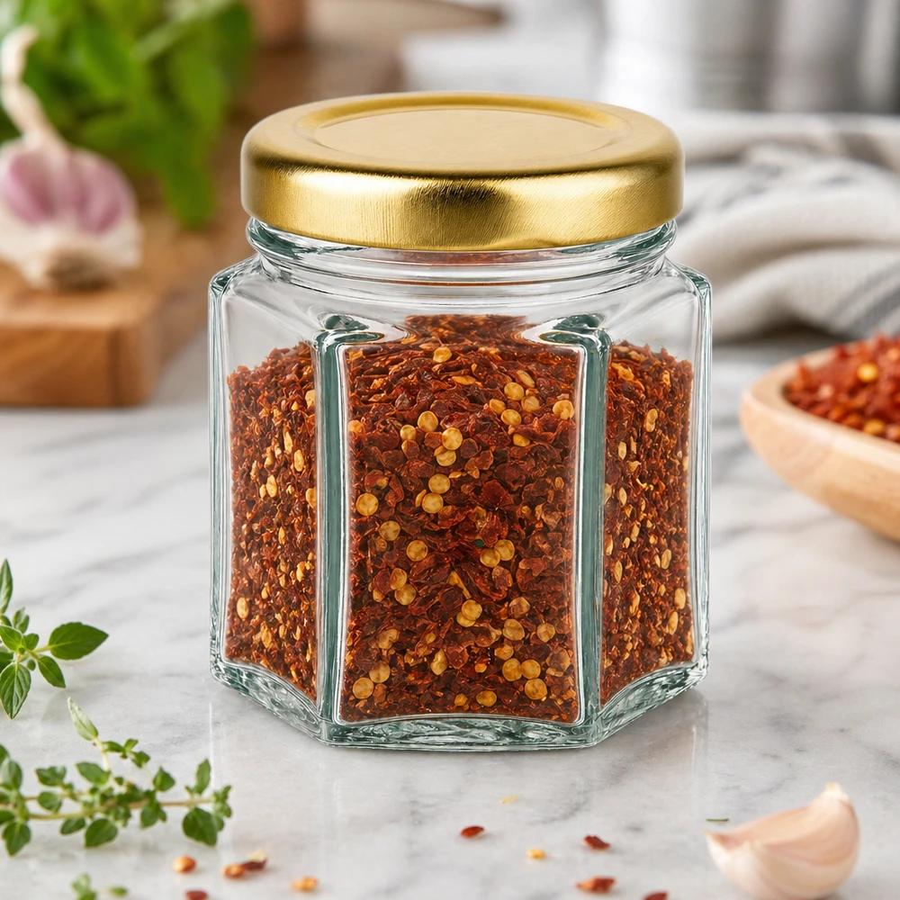 60g Honigglas hexagonal mit Chilliflocken gefüllt auf Marmortisch mit Kräutern und goldenem BasicSeal Deckel