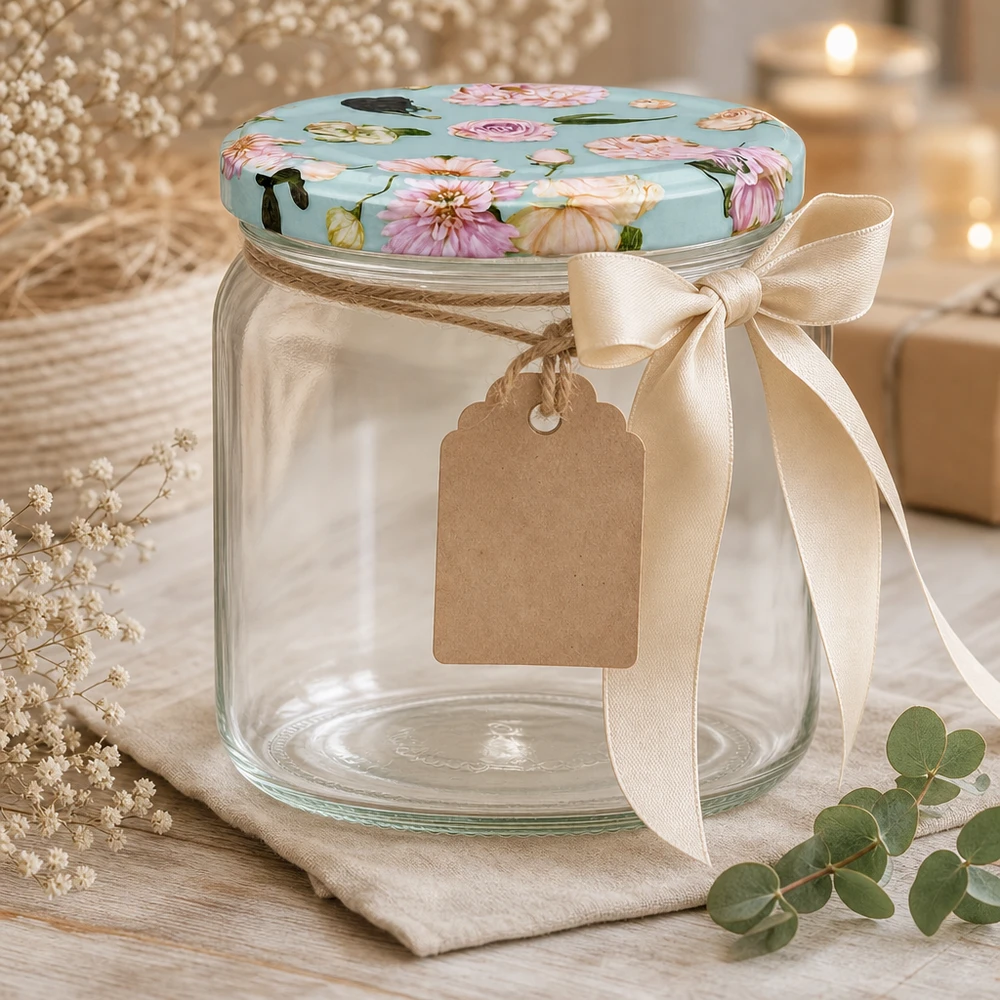 425ml Rundglas + BasicSeal Deckel Blume mint UNiTWIST 425ml Rundglas mit BasicSeal Deckel Blume mint als Geschenk - leeres Vorratsglas mit Schleife und Geschenkanhänger