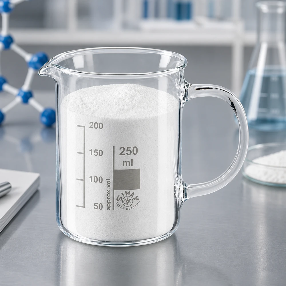 Klarglas Laborbecher 250ml mit Henkel gefüllt mit weißem Pulver neben Erlenmeyerkolben