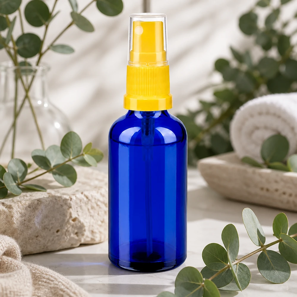 50ml Sprayflasche gelb/transparent Standardverschluss BlueLine UT18/50 Umweltfreundliche 50ml Glassprayflasche - wiederverwendbar für natürliche Hautpflege und Aromamischungen