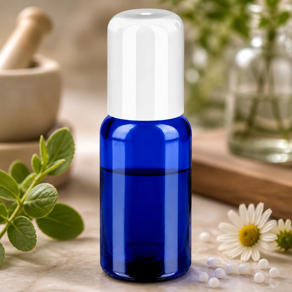 20ml Roll-On Flasche aus blauem Glas mit weissem Verschluss für portionierte Anwendung