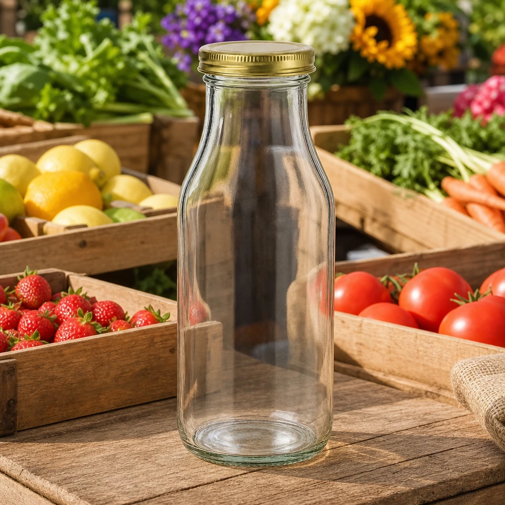 UNiTWIST Bottle263 Glasflasche leer mit goldenem TO43 BioSeal Deckel auf Holztisch zwischen frischem Obst und Gemüse