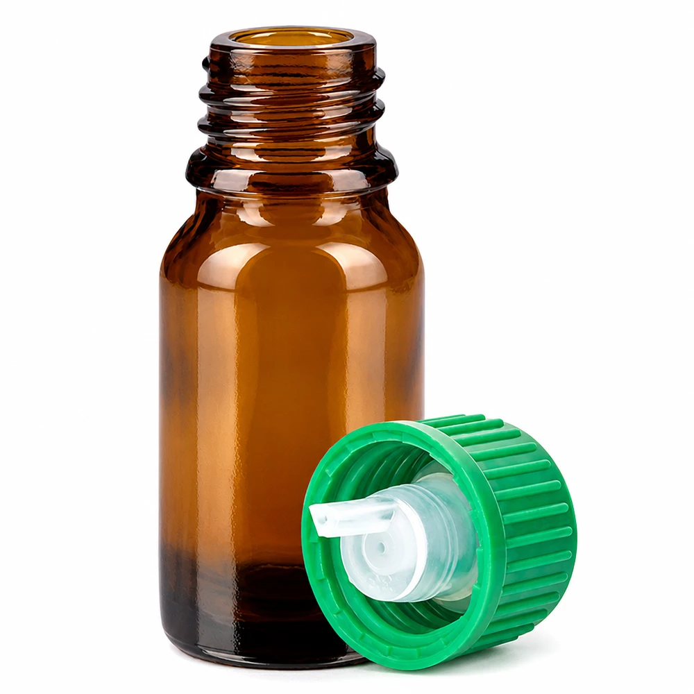 10ml Tropfflasche 0.8mm grün Standardverschluss BrownLine UT18/10 Hochwertige Tropfflasche 10ml aus braunem Glas mit kindersicherem grünem Verschluss