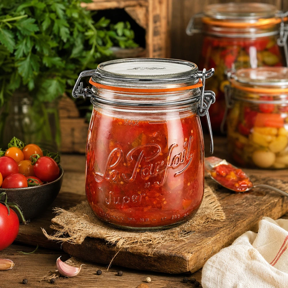 750ml Vorratsglas "Super" mit Bügelverschluss Le Parfait® 750ml Le Parfait Super Vorratsglas mit Bügelverschluss gefüllt mit Tomatensoße auf rustikalem Holztisch