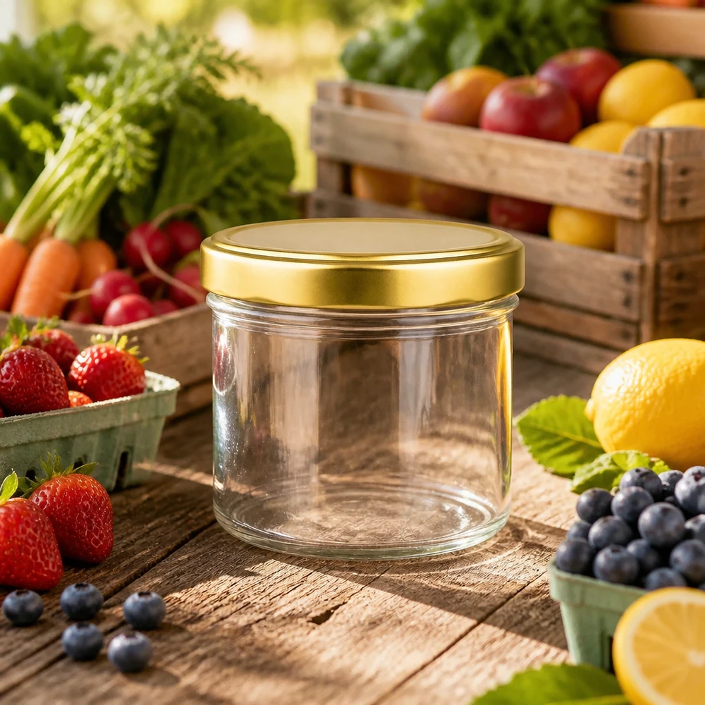 230ml Zylinderglas + BasicSeal Deckel gold UT 230ml Zylinderglas leer mit goldenem Deckel zwischen frischem Obst und Gemüse auf Holztisch Marmeladenglas